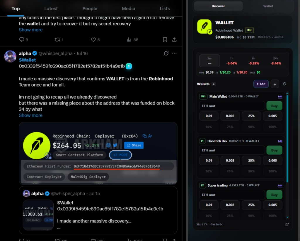 Focal Wallet side panel detecting and trading a token found on X